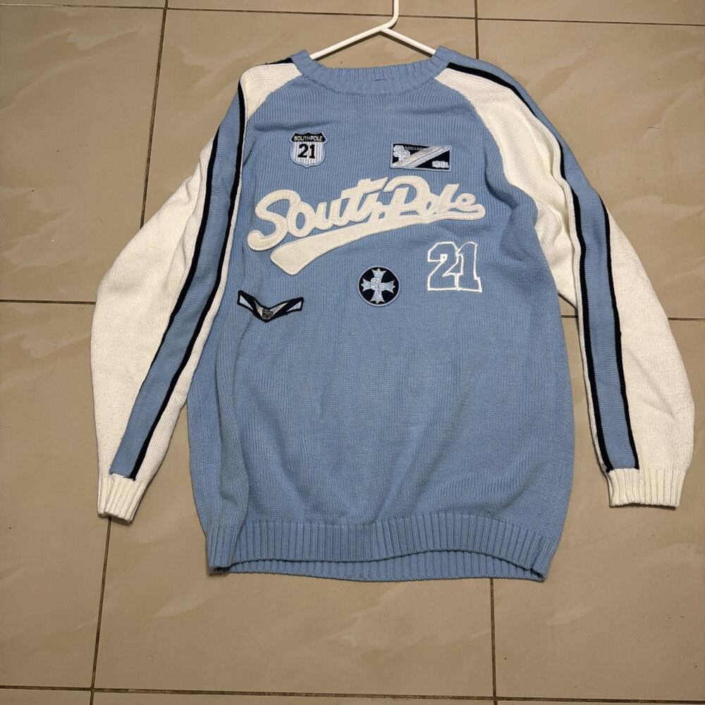 Vintage Southpole Hip Hop Patch Sweater Mens Large Powder Blue Varsity